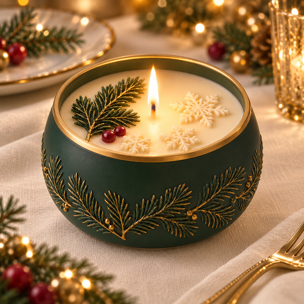 Evergreen & Snowflake Decorative Christmas Candle